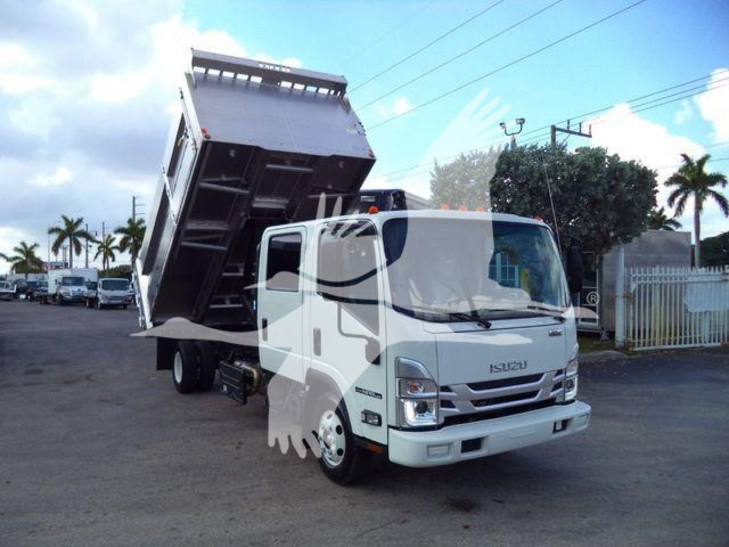 Isuzu NPR HD dump truck, cab front view with raised dump bed in a dealership lot.