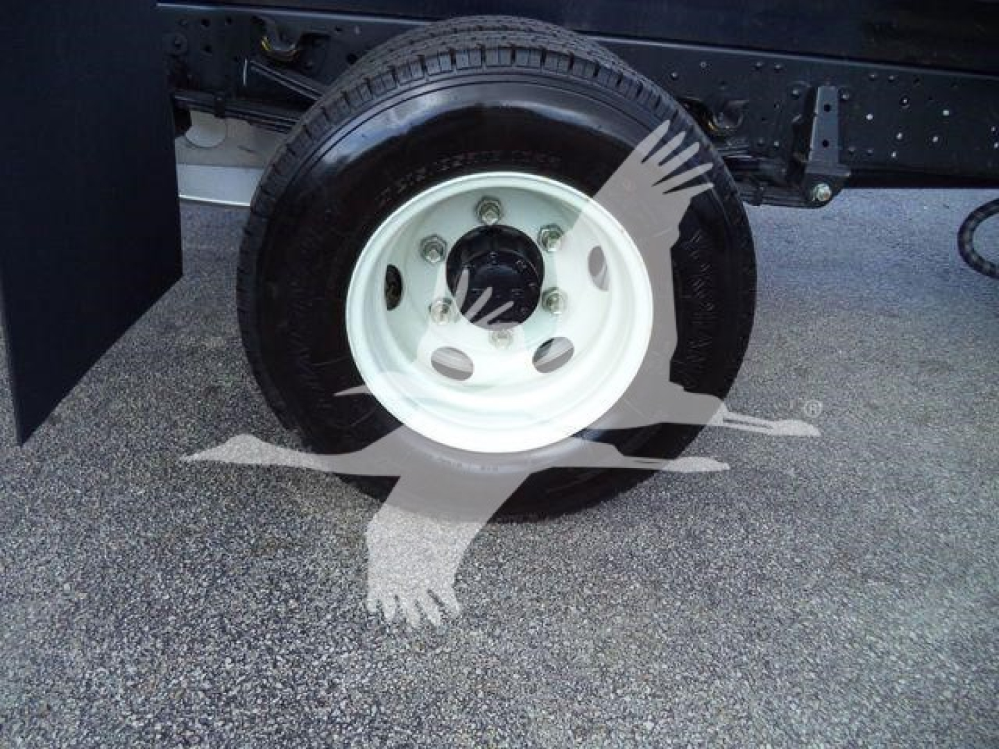 Isuzu NPR-HD dump truck wheel and tire, white steel wheel mounted on black truck frame; visible lug nuts and hub with central black cap.