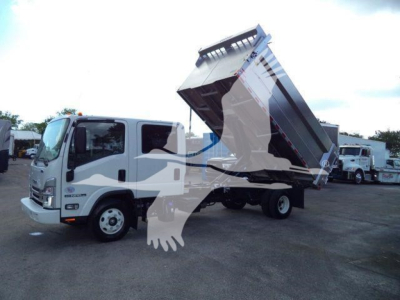 Isuzu NPR HD dump truck in service angle with cargo bed raised, front cab visible, listing for sale.