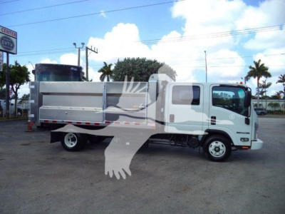 Isuzu NPR HD dump truck side view showing cargo bed and cab, with water-marked dealership logo in the foreground.