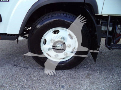 Isuzu NPR HD truck front wheel and fender showing steel wheel with hubcap and tire, white body panel above.