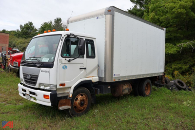 Truck with box body showing Nissan UD2300 chassis and cargo box.