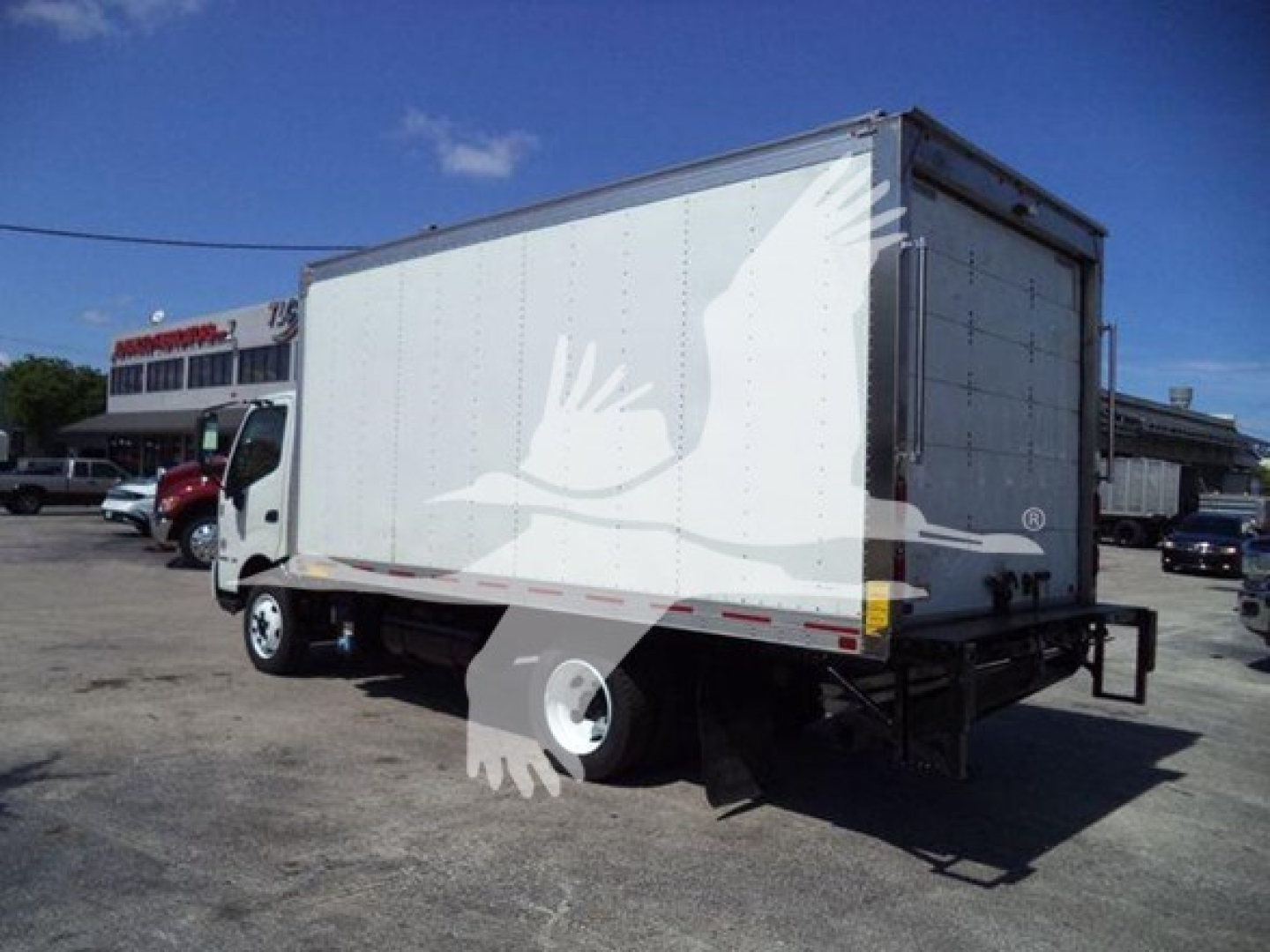 Box truck rear angled view showing cargo box and dual rear wheels with white exterior and a crane bird watermark from listing. No legible model badges visible.