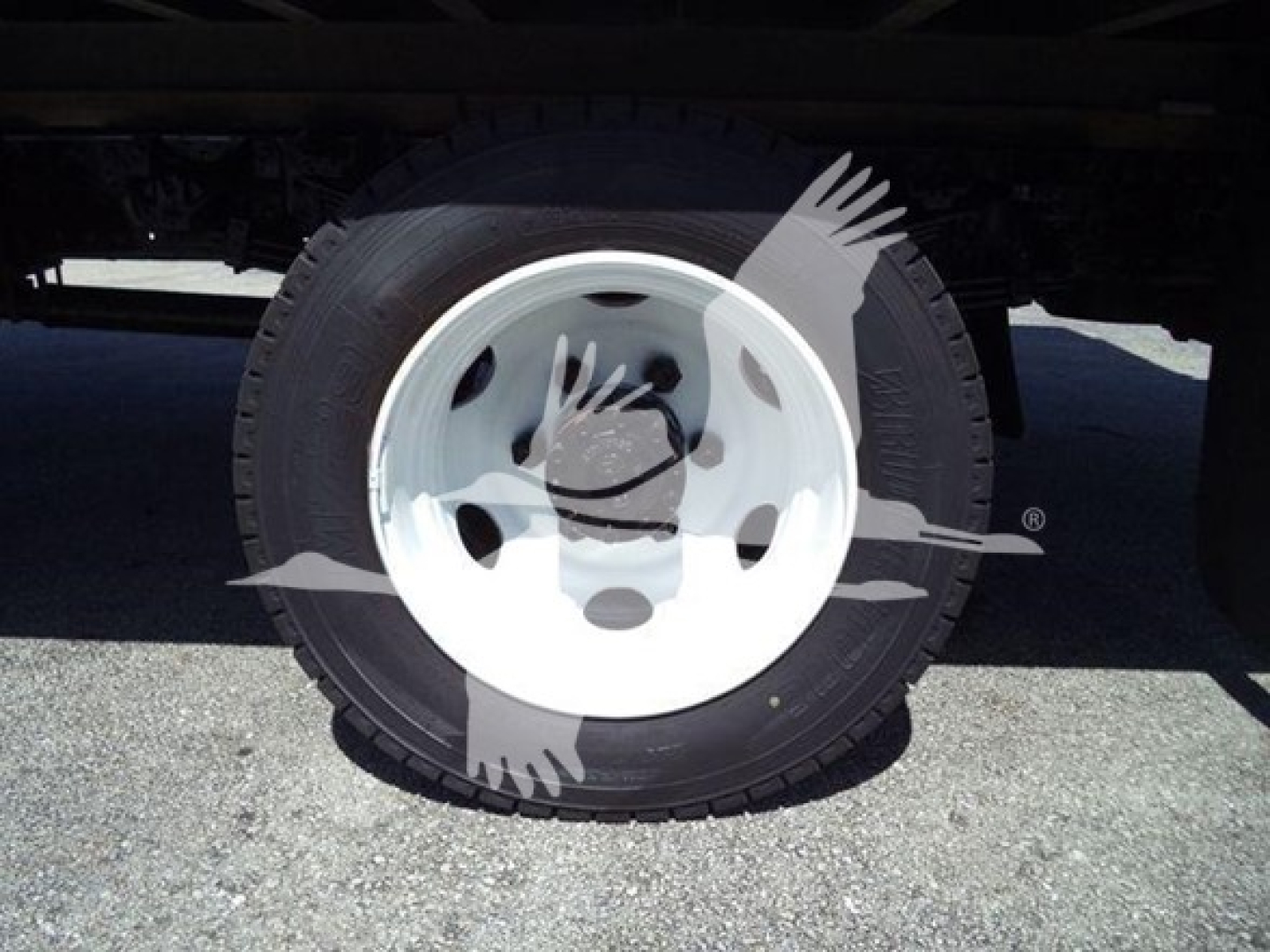 Wheel and tire under a truck with white rim and black tire, undercarriage visible