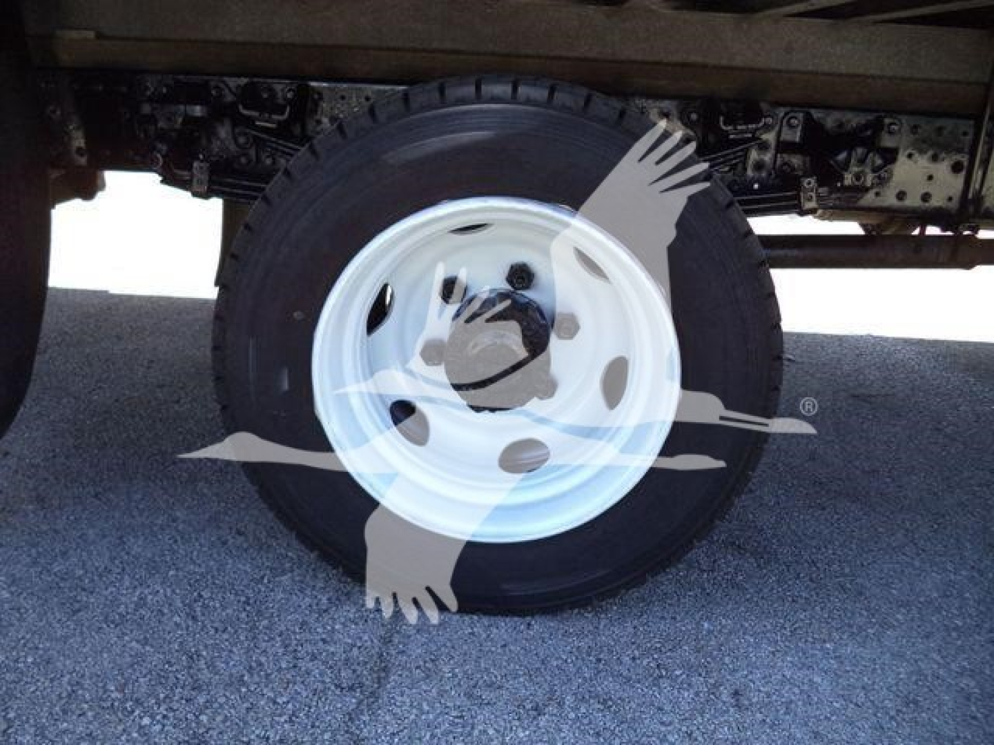 Wheel and tire on a Hino 195 box truck chassis showing white steel wheel and black tire.
