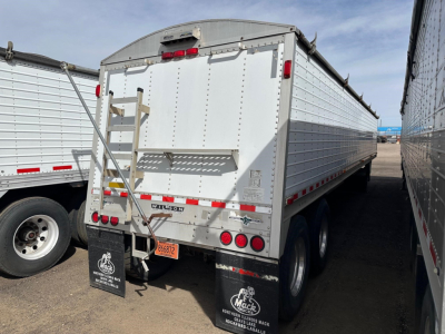 Trailer rear view showing Wilson grain hopper trailer with dual rear axles, back door, and mud flaps; visible VIN plate, taillights, and high-mounted clearance lights.