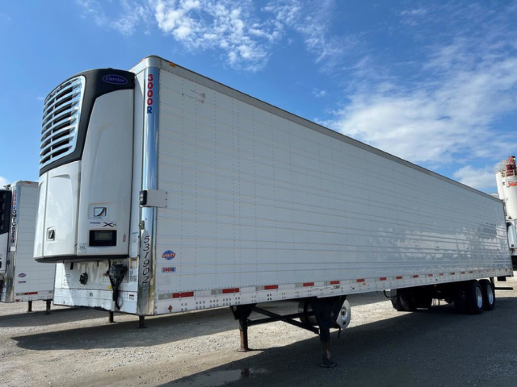 Trailers: a 2020 Utility reefer trailer with a front refrigeration unit, side panels, and support legs; VIN 1UYVS2532L2760603 and stock U91150 visible in listing context.