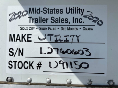 Truck trailer info plate showing Make JULIITY, S/N L2760603, STOCK # U91150 from Mid-States Utility Trailer Sales, Inc.