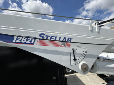 Boat trailer or hull with Stellab branding visible and a degree angle indicator gauge showing 0-20 degrees. Model number 12621 and star Spangled design.