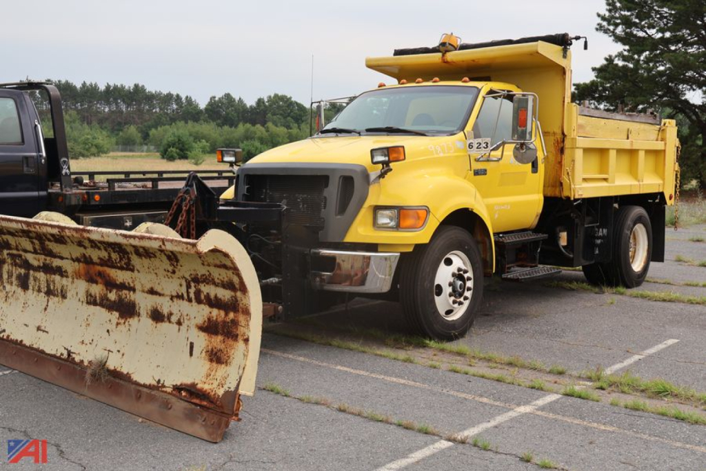 Ford F-650 dump truck with plow attachment in a parking lot, yellow cargo bed and cab, front grille, and plow blade in foreground.