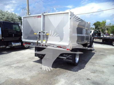 Ford F-550 dump utility body trailer showing rear doors with latch handles and dual wheels, Silverado-like reflective tape, and model branding on side. Text visible includes stock number F5504X4ALUMDMP.