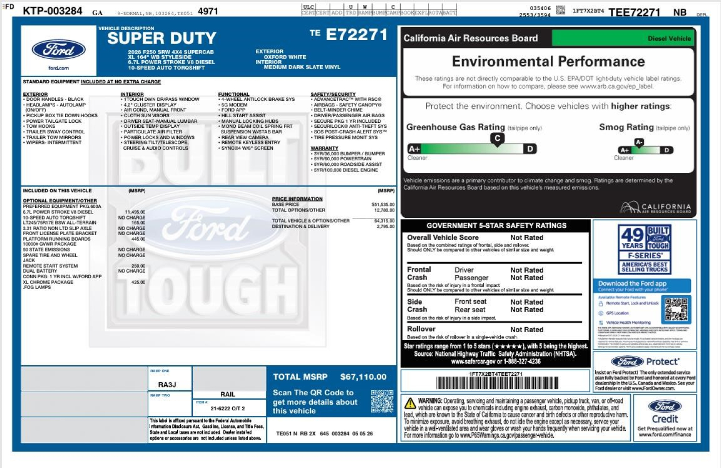 Ford Super Duty window sticker and environmental performance label for 2026 Ford F-250 SD showing MSRP, VIN, and vehicle details.