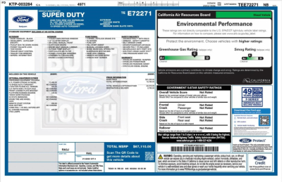 Ford Super Duty window sticker and environmental performance label for 2026 Ford F-250 SD showing MSRP, VIN, and vehicle details.
