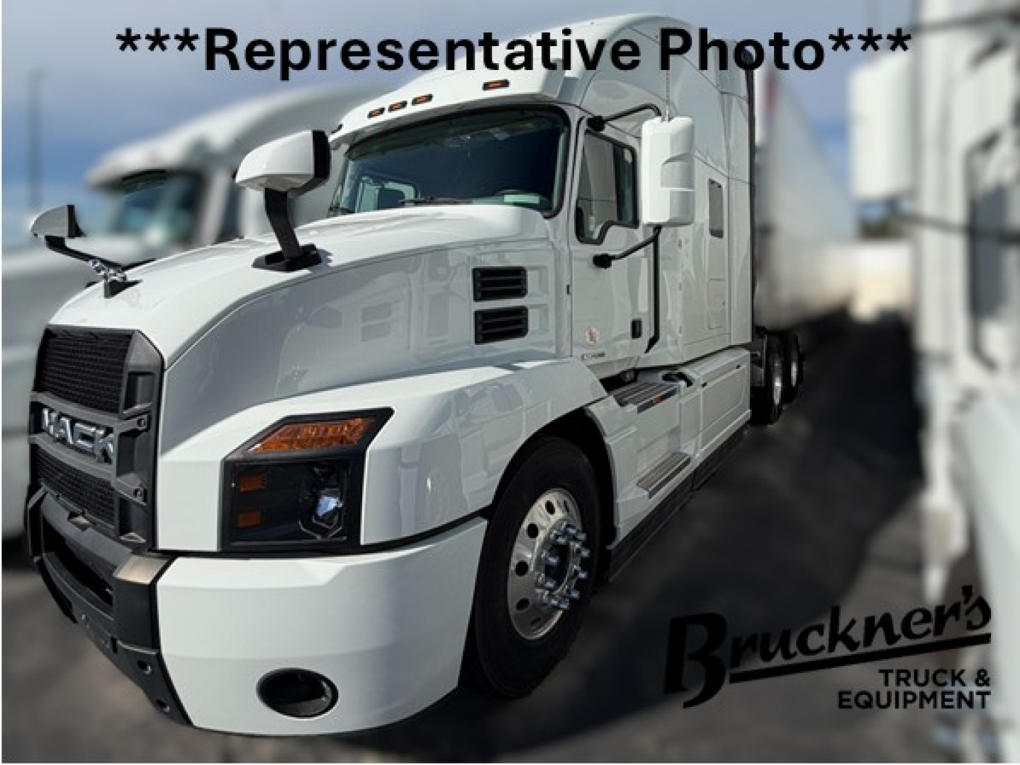 Truck: 2023 Mack AN64T70 conventional sleeper shown in showroom pose with 'Representative Photo' watermark and Bruckner's Truck & Equipment logo.