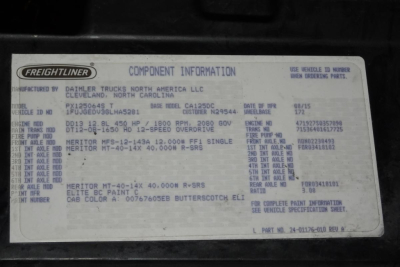 Freightliner Casadia component information plate showing vehicle data and engine details including model, VIN partial, and weights.