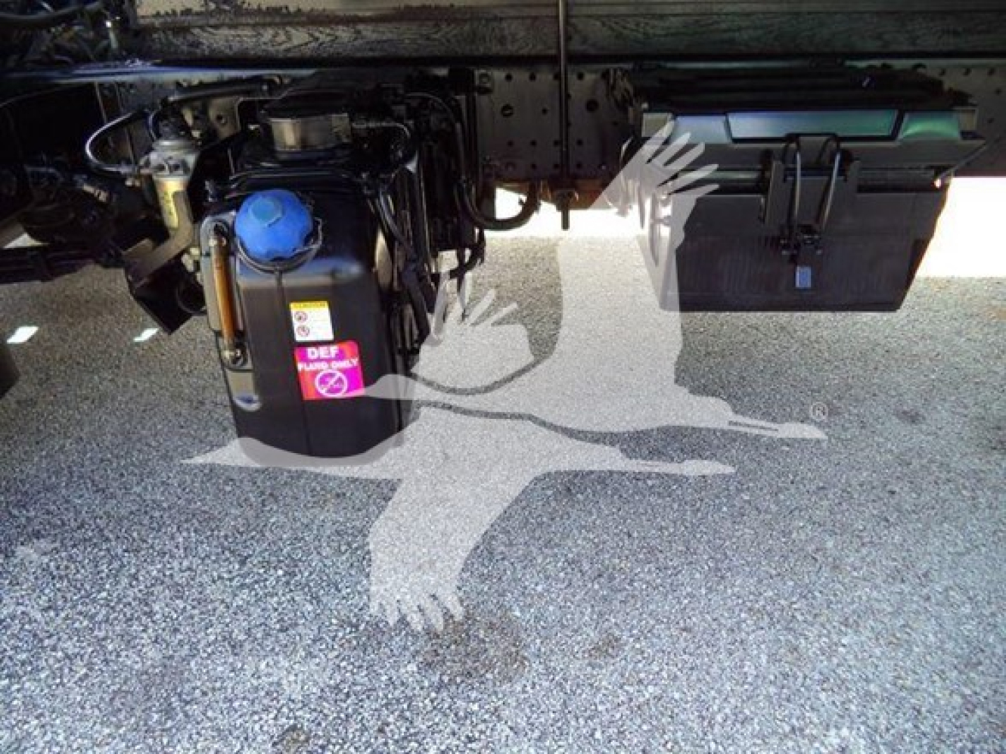 Truck underside showing fuel tank with blue cap, DEF container with pink tag, and storage box; details of chassis and suspension visible.