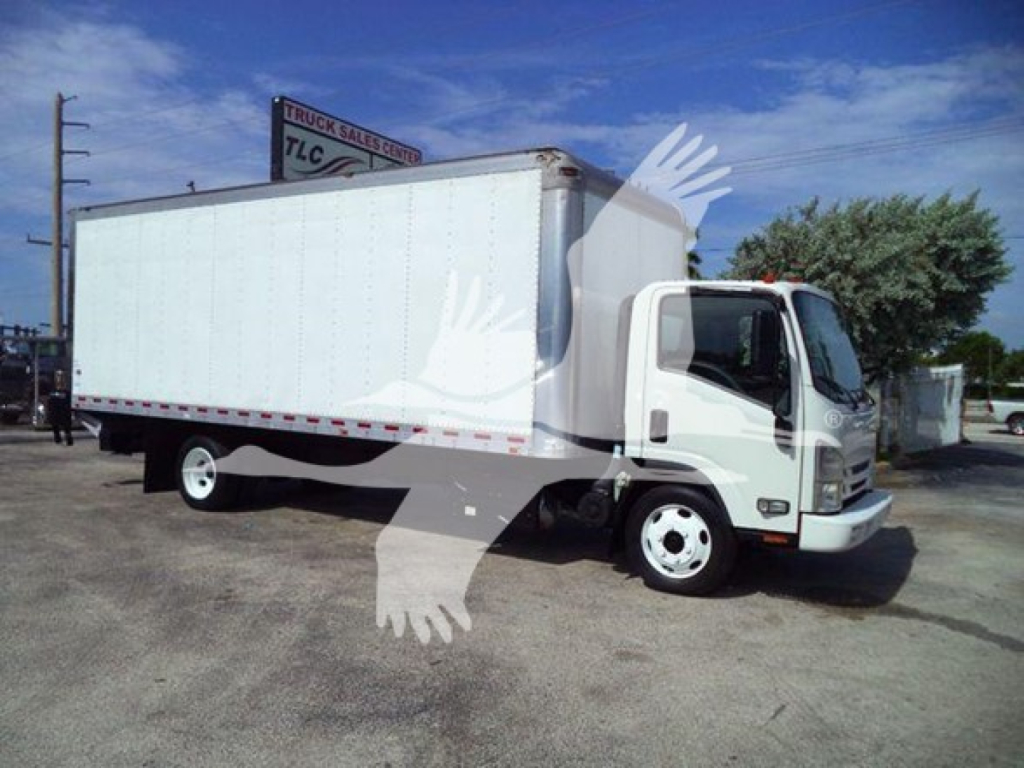 Isuzu NRR box truck with white cargo body and cab in a parking lot, side view showing front passenger door and wheel wells.