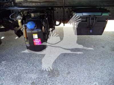 Truck underside showing fuel tank with blue cap, DEF container with pink tag, and storage box; details of chassis and suspension visible.