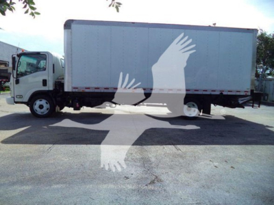 Isuzu NRR box truck side view with stock number 210704 and VIN JALE5W164H7300798 visible.