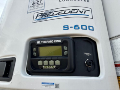 S-600 Thermo King SR2 unit on front of a white utility trailer with Prudential/Precedent branding and S-600 label visible.