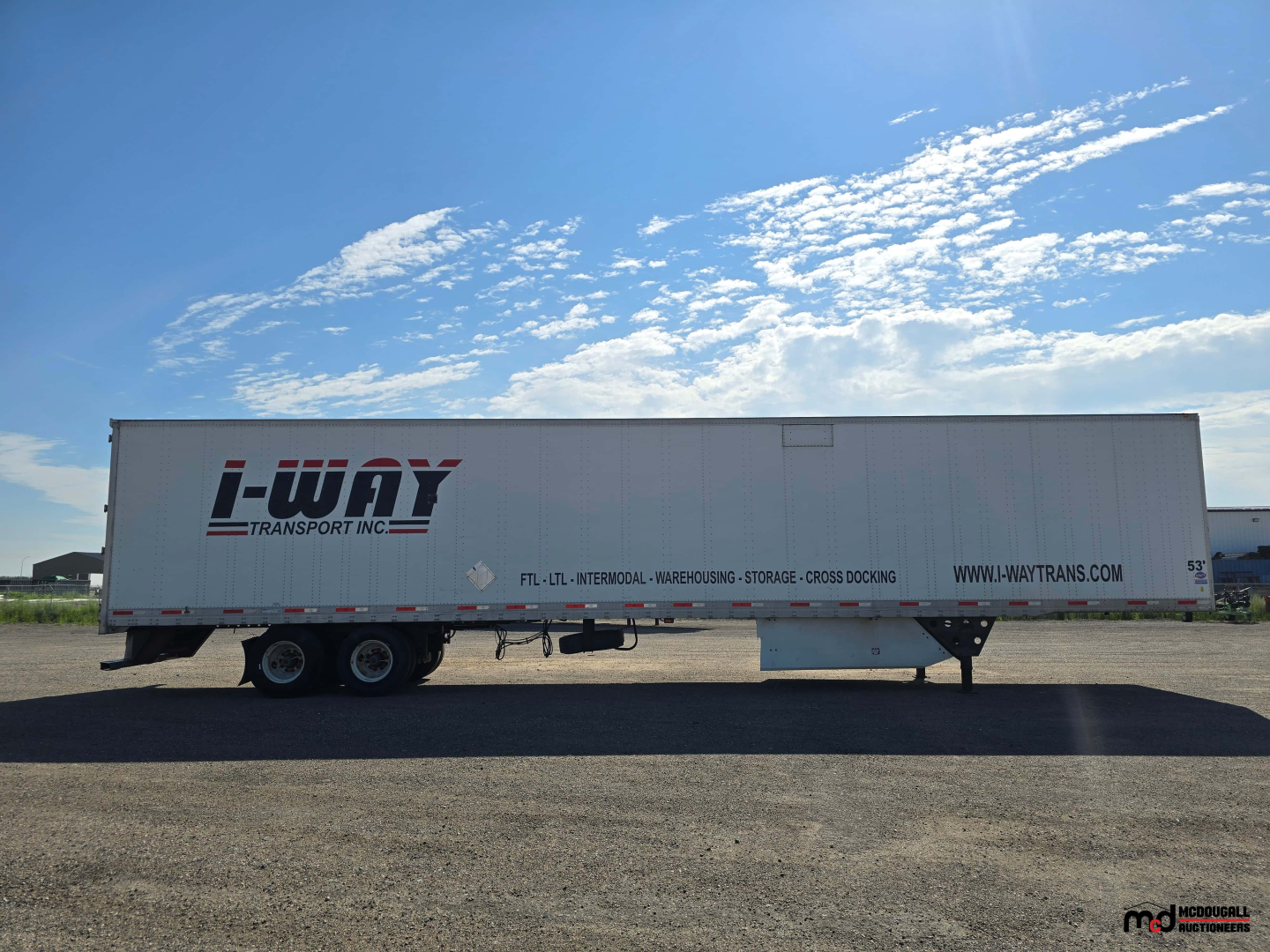 56-foot utility trailer side view showing i-way Transport Inc logo and written text on white trailer.