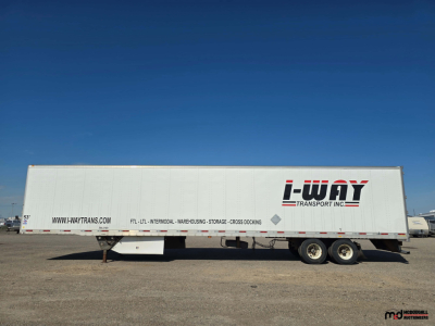 Trailer side showing 53' tandem dry van box with I-Way Transport logo and text on white surface, under clear blue sky.