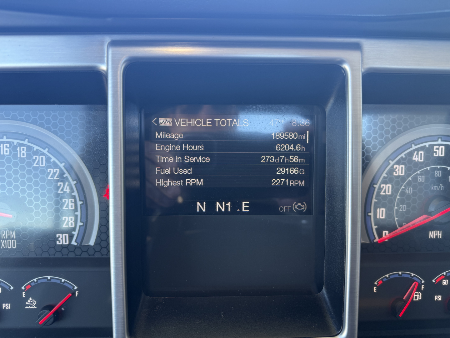 Vehicle totals display showing mileage 189580 mi, engine hours 6204.6 h, time in service 2737 h 56 m, fuel used 29166 gal, highest RPM 1121 RPM. N N1 E gear indicator.