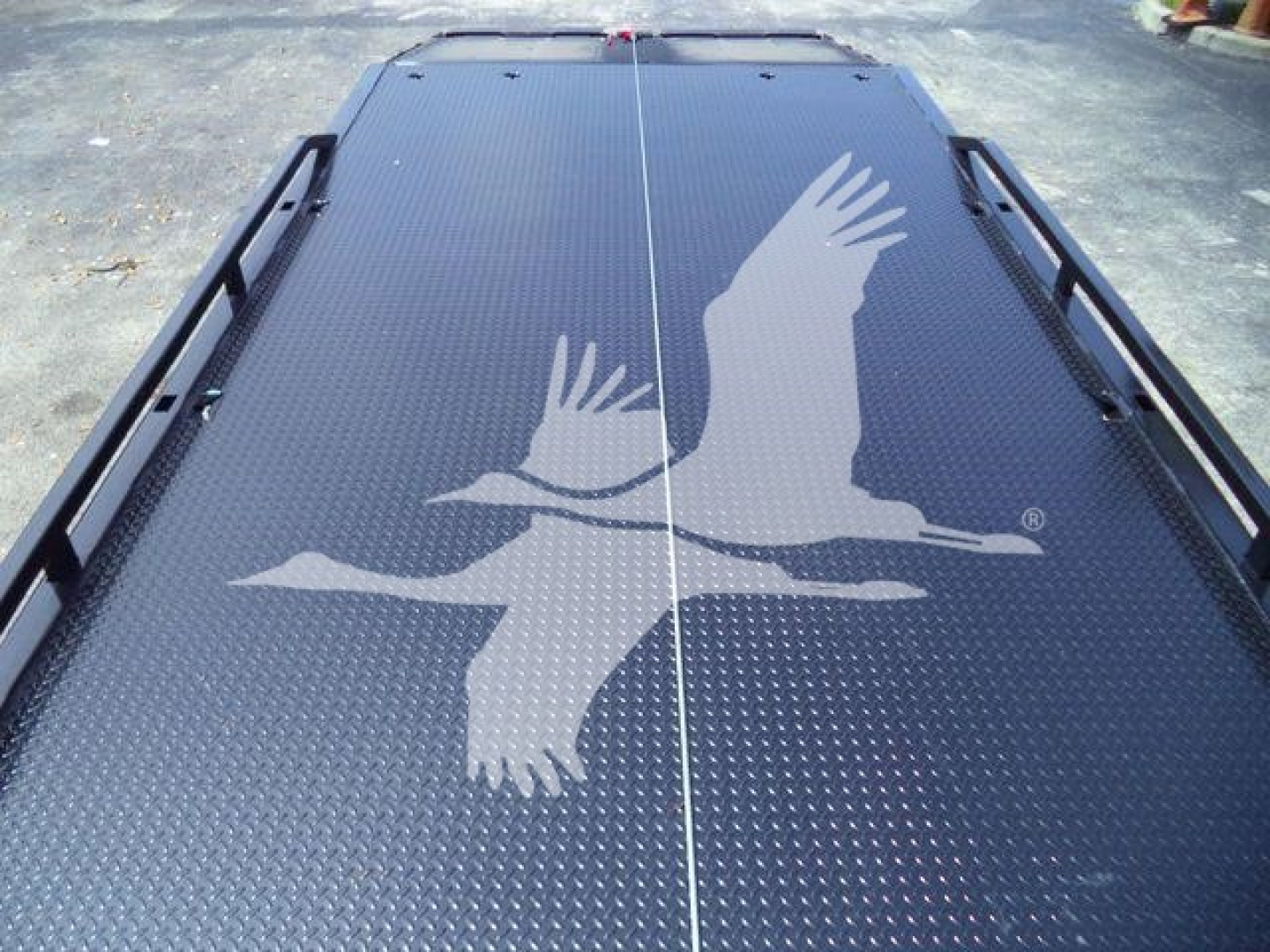 Freightliner M2 106 flatbed truck bed with diamond plate surface showing a bird graphic silhouette.