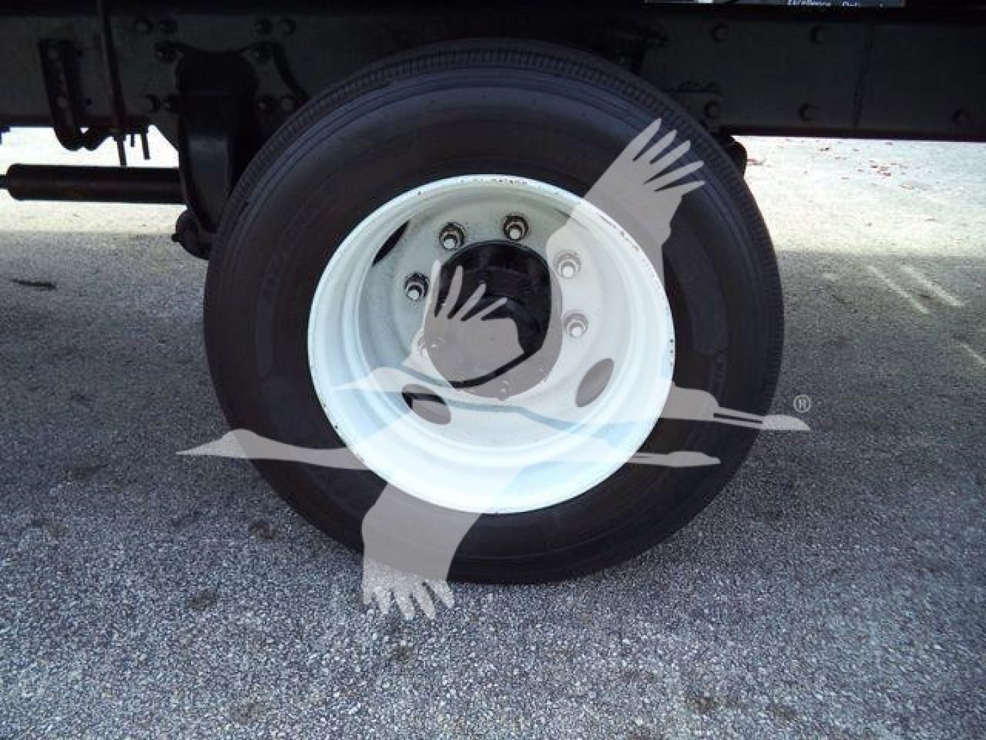 Truck wheel close-up showing white steel wheel and tire on Freightliner M2 106 chassis with flatbed setup.