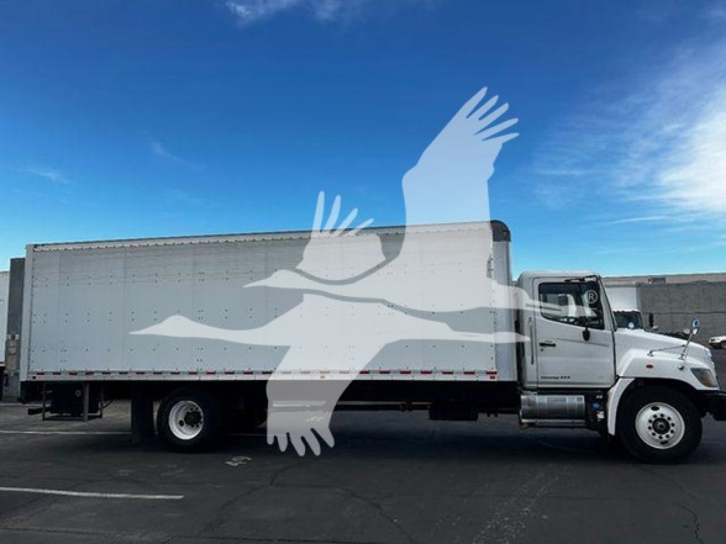 Truck side view of a 2020 Hino 268a box truck with VIN and stock number not visible on the vehicle.