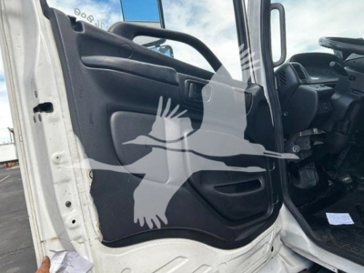Truck cab interior door panel of a 2020 Hino 268A with a watermark. Visible text: none legible on the door panel; image shows open driver door and part of dashboard.