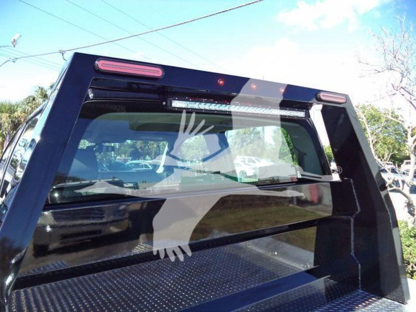 Rear view of a black dump bed truck with rear window and tailgate, reflecting trees and sky