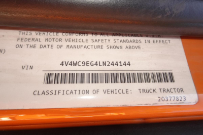 Sticker showing VIN 4V4WC9EG4LN244144 and barcode with text. Classification: TRUCK TRACTOR. Also includes federal standards statement.