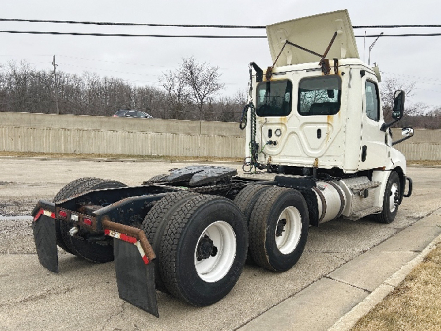 Truck chassis and cab of a 2019 Freightliner Cascadia126 conventional daycab seen from rear-right side showing dual rear axles and raised hood.