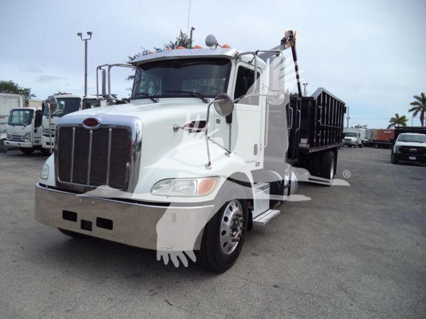 Peterbilt 337 dump bed grapple truck in a dealership lot, front three-quarter view with white cab and chrome grille, large bumper, tag lines visible.