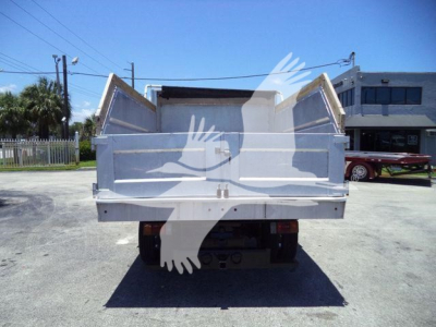 Isuzu NPR HD dump truck bed shown from rear with open tailgate and sidewalls.