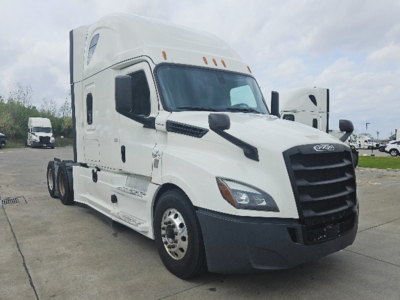 Truck image showing a white 2020 Freightliner Cascadia126 sleeper cab with black grille and mirrors, VIN tag area not visible.