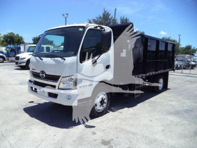 Hino 195 dump truck shown in side/front view with black dump bed and white cab.