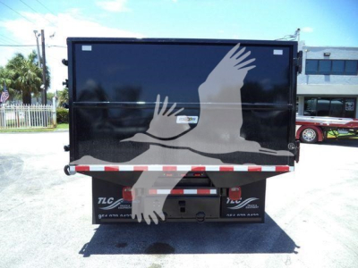 Rear view of a 2020 Hino 195 dump truck with a black bed and white splash graphics; bumper area shows TLC branding and tailgate hardware.