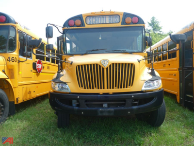 Front view of a 2019 International CE 3000 school bus showing large grille, headlights, stop sign on left, and school bus sign above windshield.