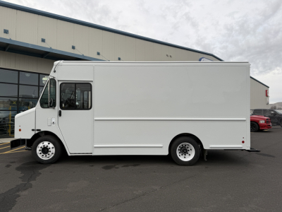 White Harbinger S525 step van profile showing side view with cargo box, cab windows, and wheel rims; no visible branding or text on vehicle.