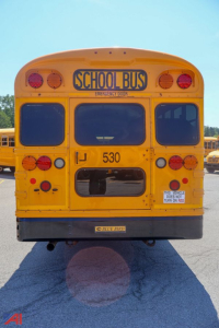 Rear view of a yellow 2018 Blue Bird Vision school bus showing emergency exit, taillights, rear bumper, and bus number 530.