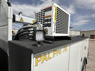 PAL Pro 2? showing a generator unit mounted on a service truck bed with a bright LED light and cooling unit labeled PAL Pro 7?