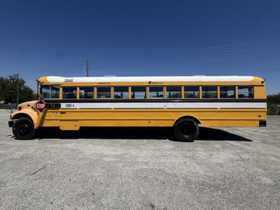 School bus side view showing yellow body with black strip and white roof, window row along length, and stop sign extended at front; number plate 2004 visible near front wheel.