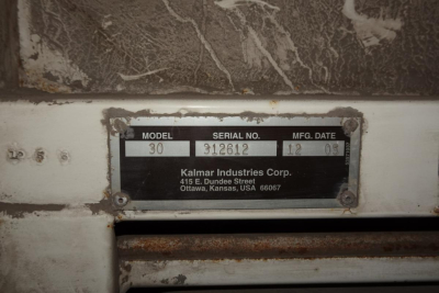 Model plate on equipment showing model 30, serial number 312612, Meg date 12 03, Kalmar Industries Corp., 415 E. Dundee Street, Ottawa, Kansas, USA 66067.