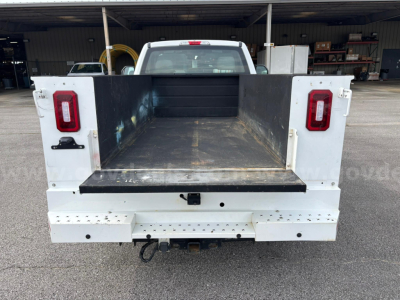 Truck bed of a 2019 Ford F-250 with open cargo area, white tailgate sides, red taillights, and hitch receiver visible.