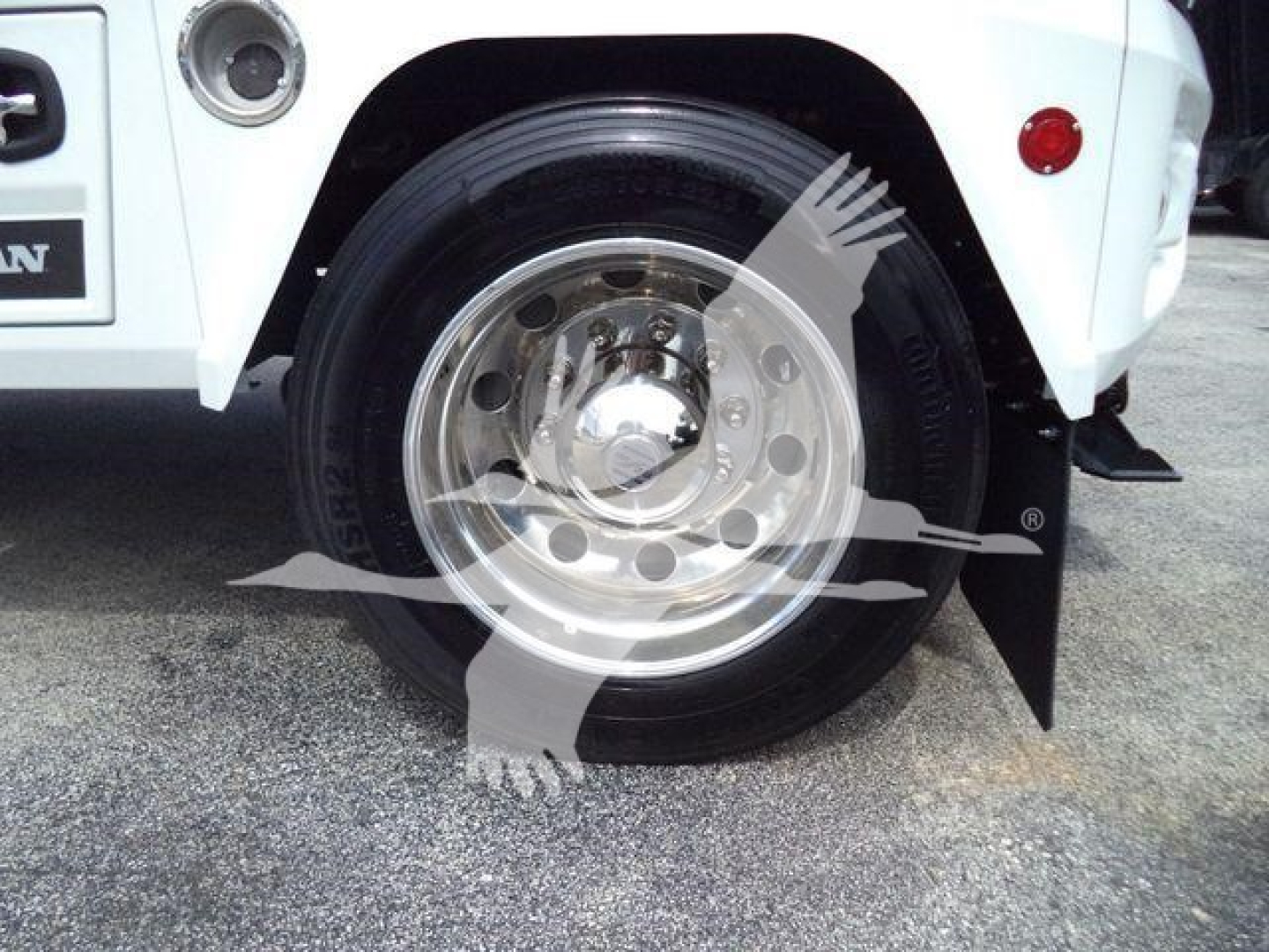 Truck wheel close-up showing polished aluminum wheel and black tire with mudflap and white fender, International MV stock image.