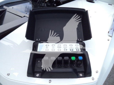 Winch control panel on International MV with multiple labeled switches and a protective cover opened, showing buttons and levers.