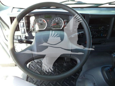 Isuzu truck interior steering wheel and dashboard dash showing gauges, pedals, and a diamond-plate floor mat.