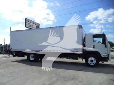 Isuzu box truck with a white cab and large cargo box, side view, dealership lot in background.